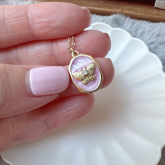 Gold Pink Enamel Rhinestone Butterfly Moth Charm Necklace - Picture 3 of 4